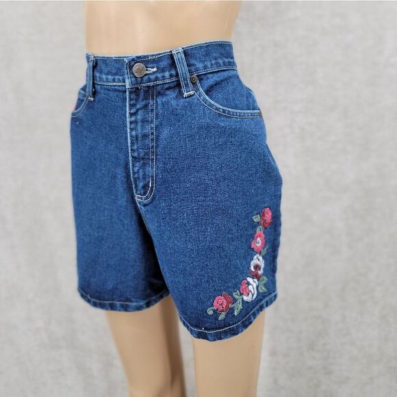 North Crest 90s Vintage Pink Floral Embroidered Denim Women's Blue Jean Shorts - Picture 1 of 15